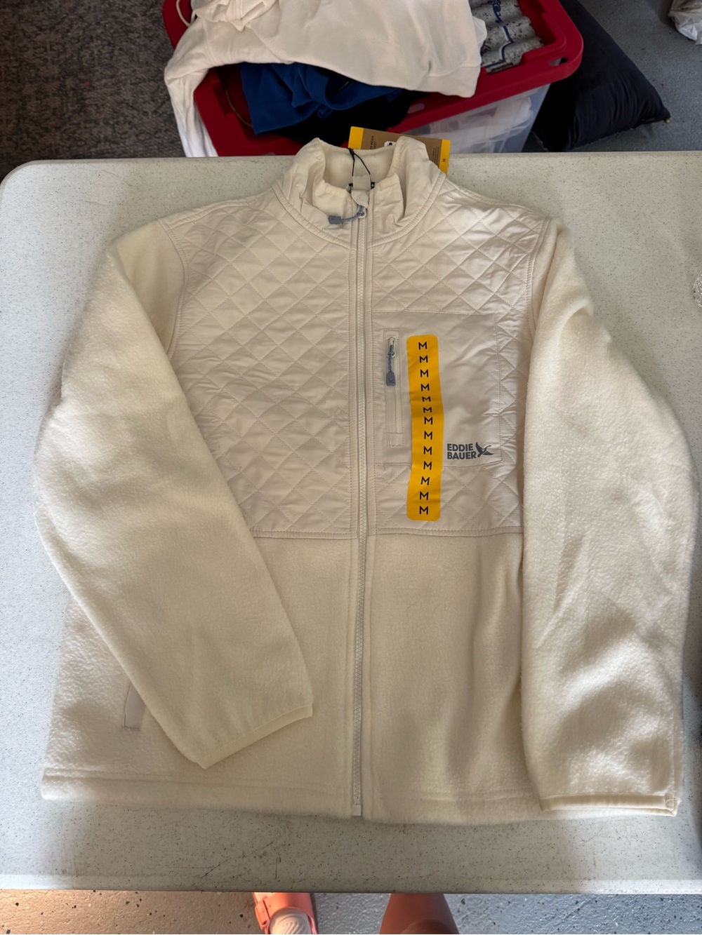Eddie Bauer Ivory Quilted-Panel Full-Zip Fleece Jacket